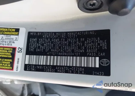 2022 Toyota Camry Se z USA, uszkodzony, nr VIN 4T1G11AK6NU004101